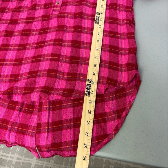 Anthropologie XS Women's Plaid Pink Red Flannel Gauze Shirt Button High Low - Picture 12 of 12